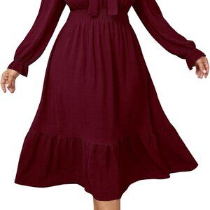 Plus Size Midi Dress Flowy A-Line Bow Tie Swing Formal Wedding Guest Wear
